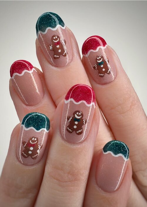 Sugar-cookie inspired manicure with smiling gingerbread-man faces on a chocolate brown base