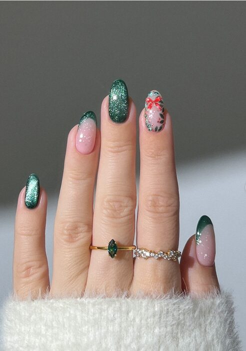 Emerald velvet nails with 3D wreath charms and tiny red crystals