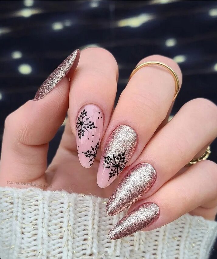 snowflakes nail designs in rose gold