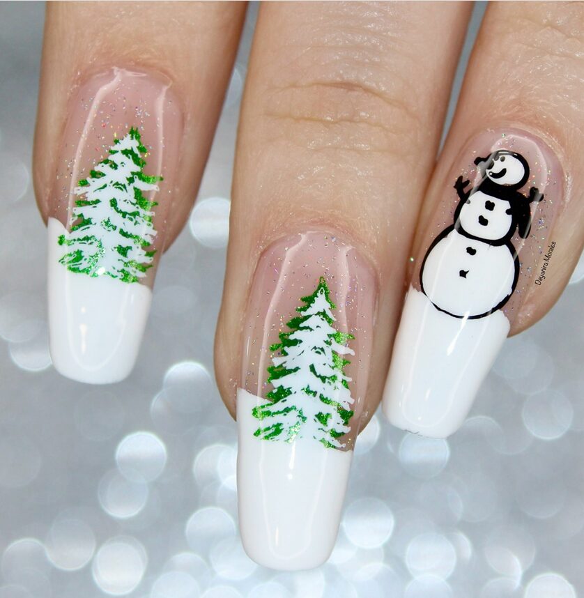 snowman accent nails on nude base