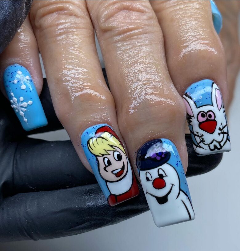 Cartoon-style snowman nails with colorful scarves and hats