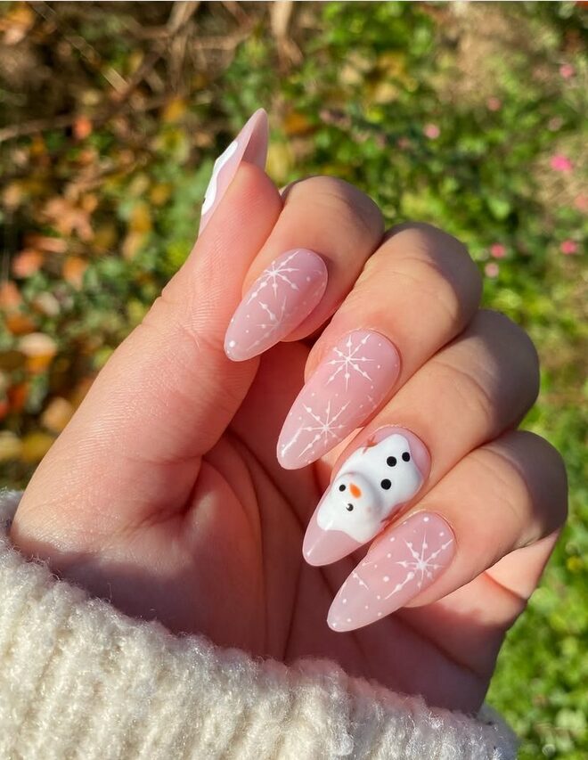 Close-up of melting snowman nail art featuring white drips