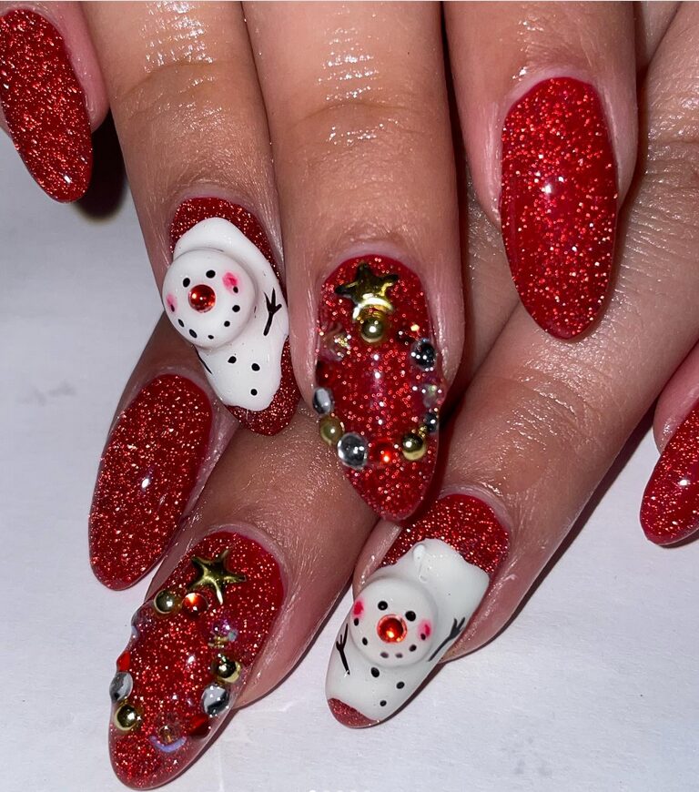 glitter nails with snowmen art