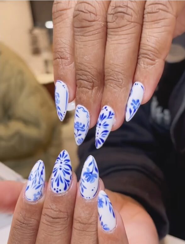blue & white porcelain nails closeup