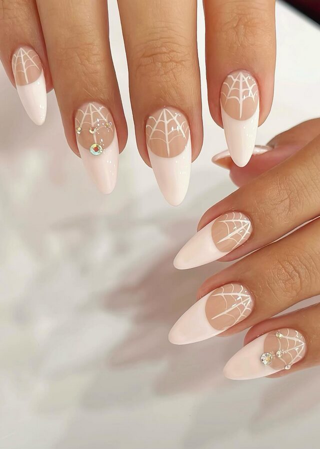 spider web nail art in white