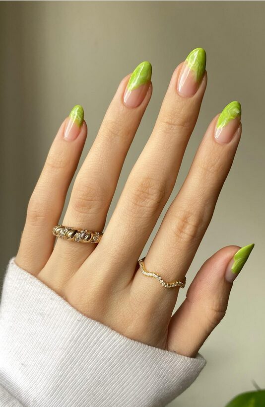 thin matcha green French tips manicure