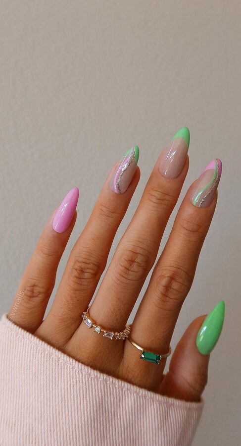 neon green nails with swirled line art