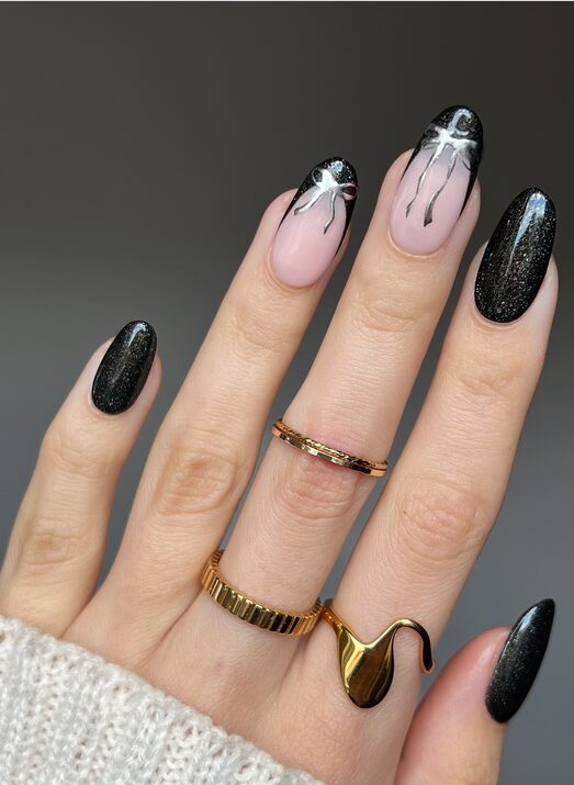 black nails with silver bow