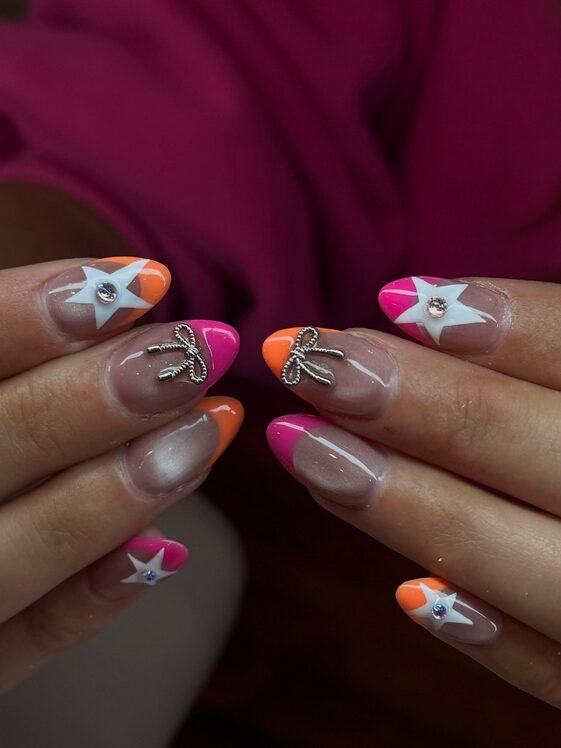 Bright neon nails with contrasting bow accents