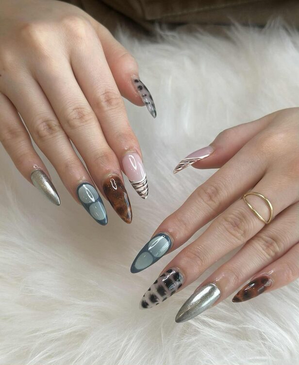 metallic nails with distressed grunge texture