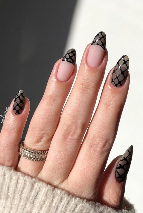 Nude nails with black fishnet design