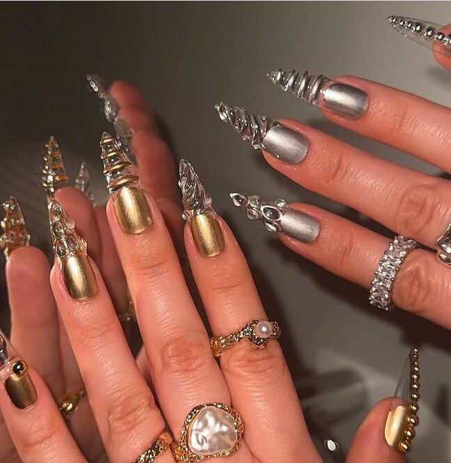 Mixed metals nails with gold, silver, and bronze accents
