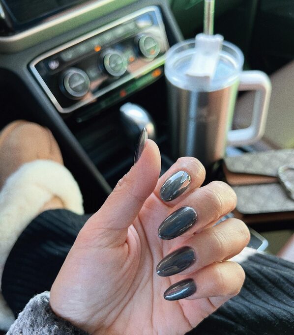 Gunmetal grey metallic nails with reflective finish