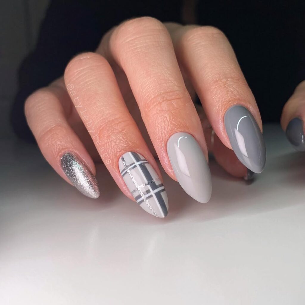 Grey Plaid Nails with silver and white