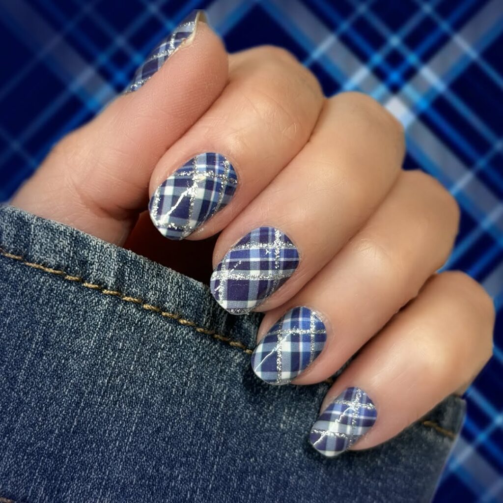 navy plaid nails with silver glitter lines