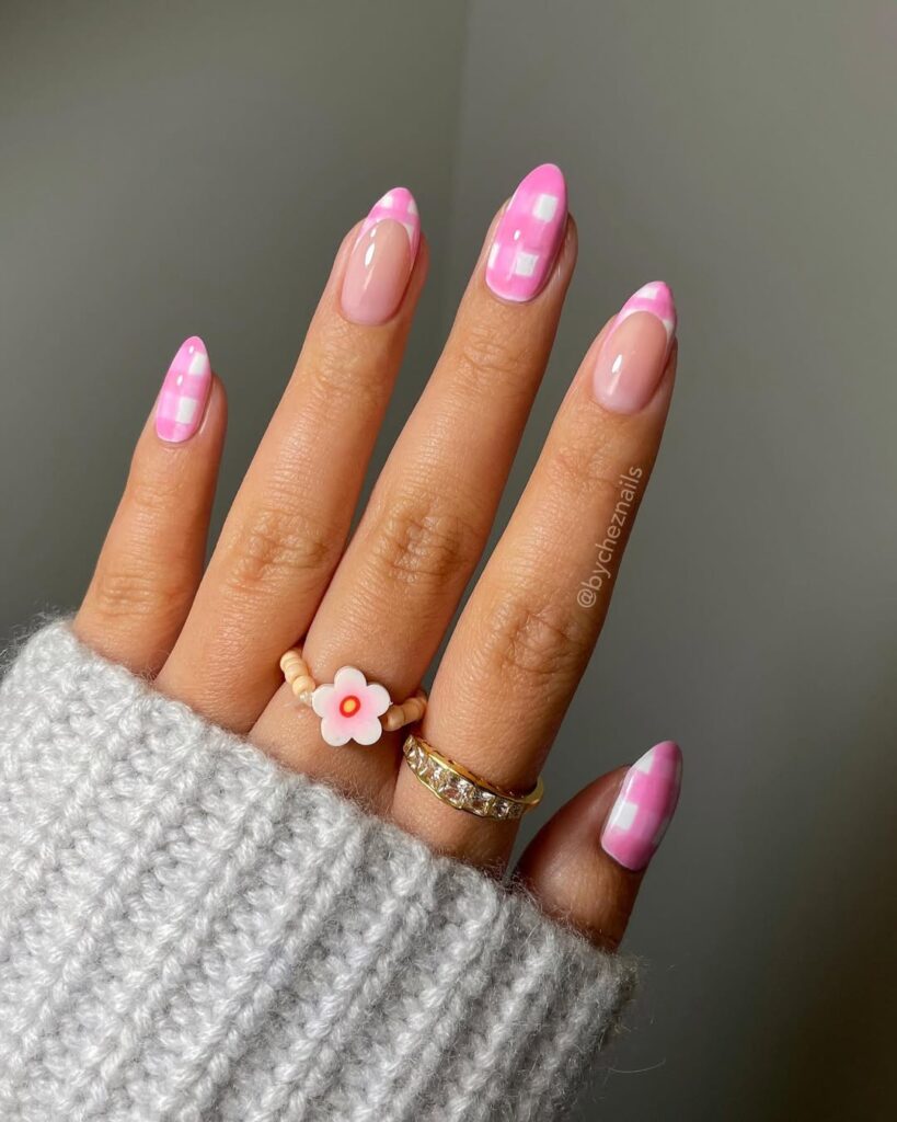 pink plaid nails