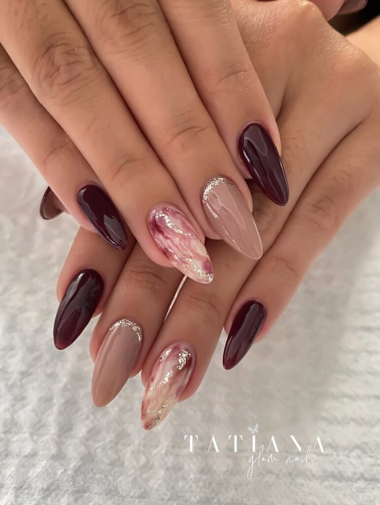 Burgundy & Gold Accent manicure