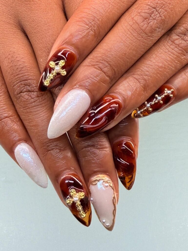 Tortoise nails with 3D gel, chrome, and charms