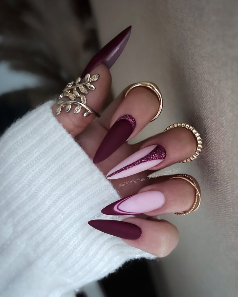 coffin shaped burgundy nail designs