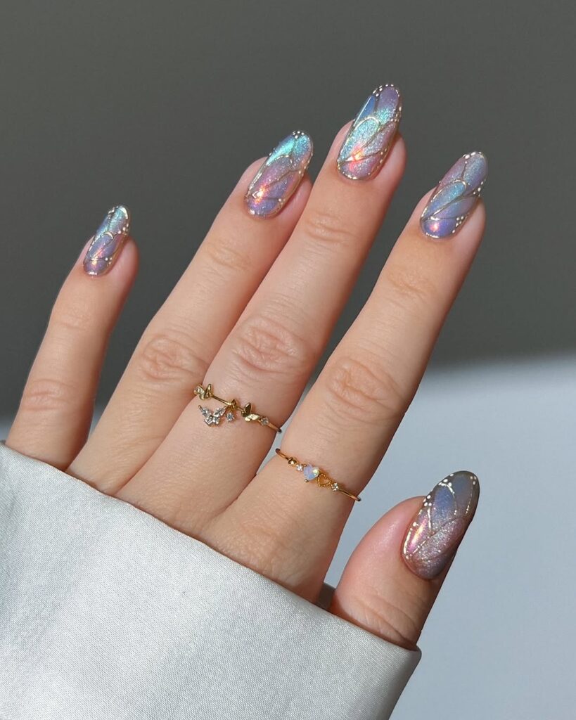 nails with iridescent chrome butterfly wing design