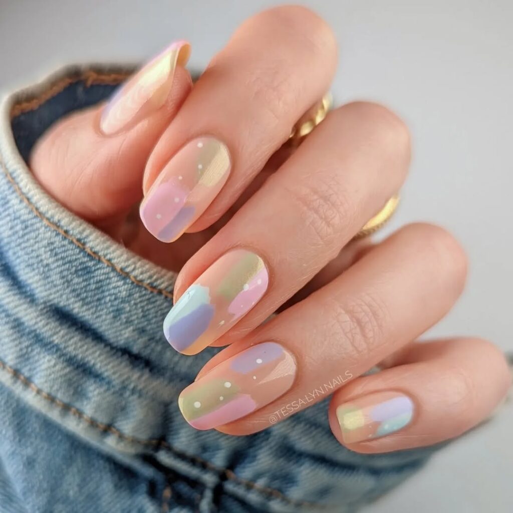 short square nails with pastel abstract color block design