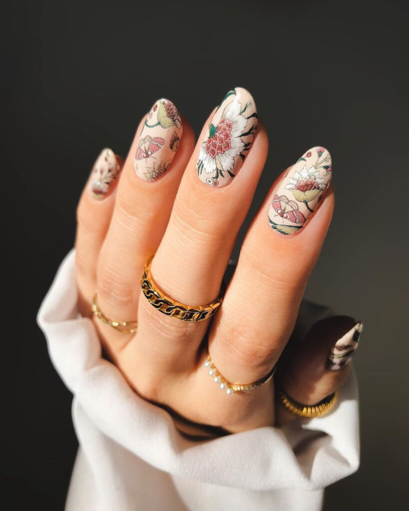 nude nails with vintage floral illustration