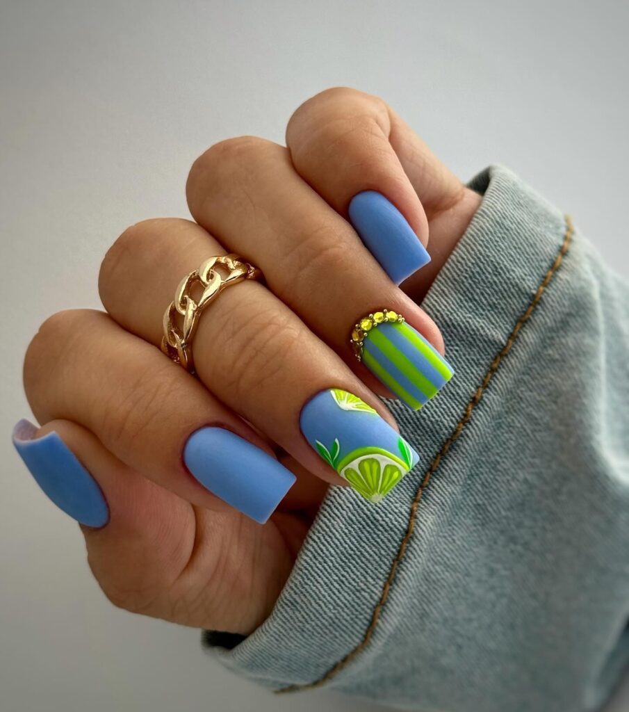 periwinkle blue nails with lime citrus art