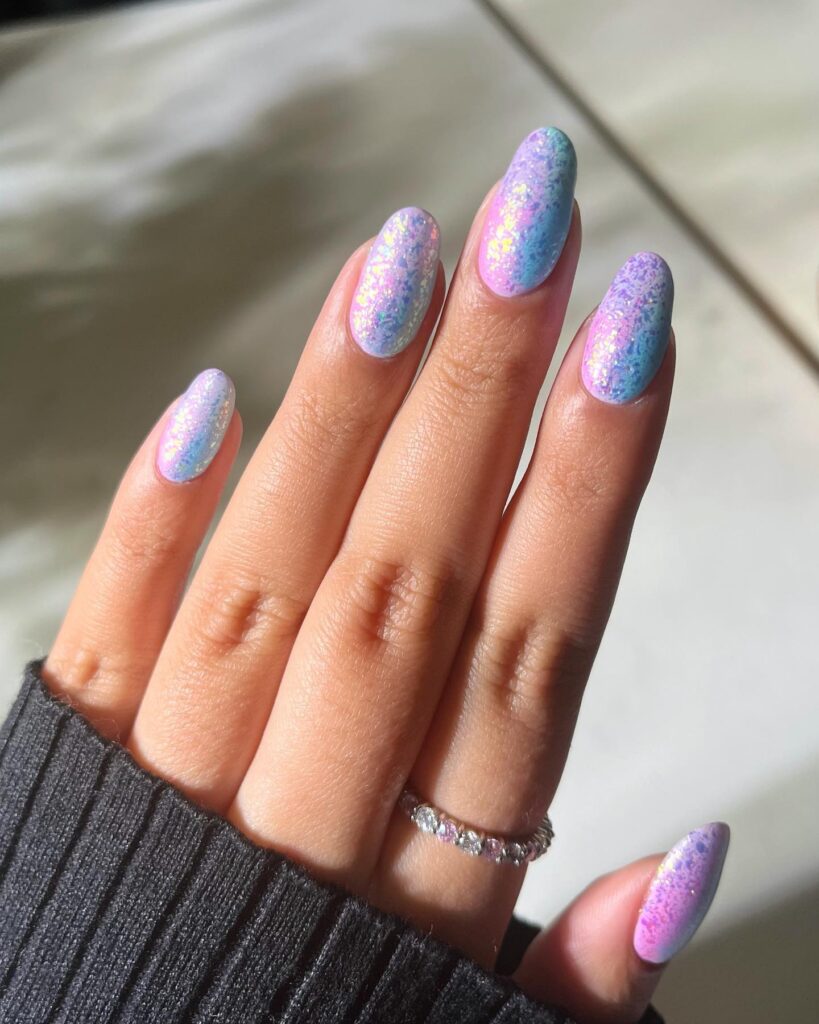 purple and blue iridescent glitter nails
