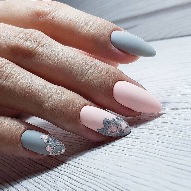 grey and blush nails with embossed florals