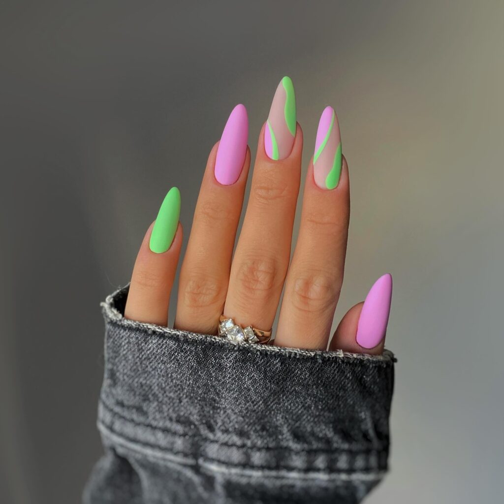 lilac pink and neon green swirl nails