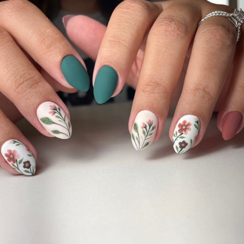 teal nails with white wildflower painting