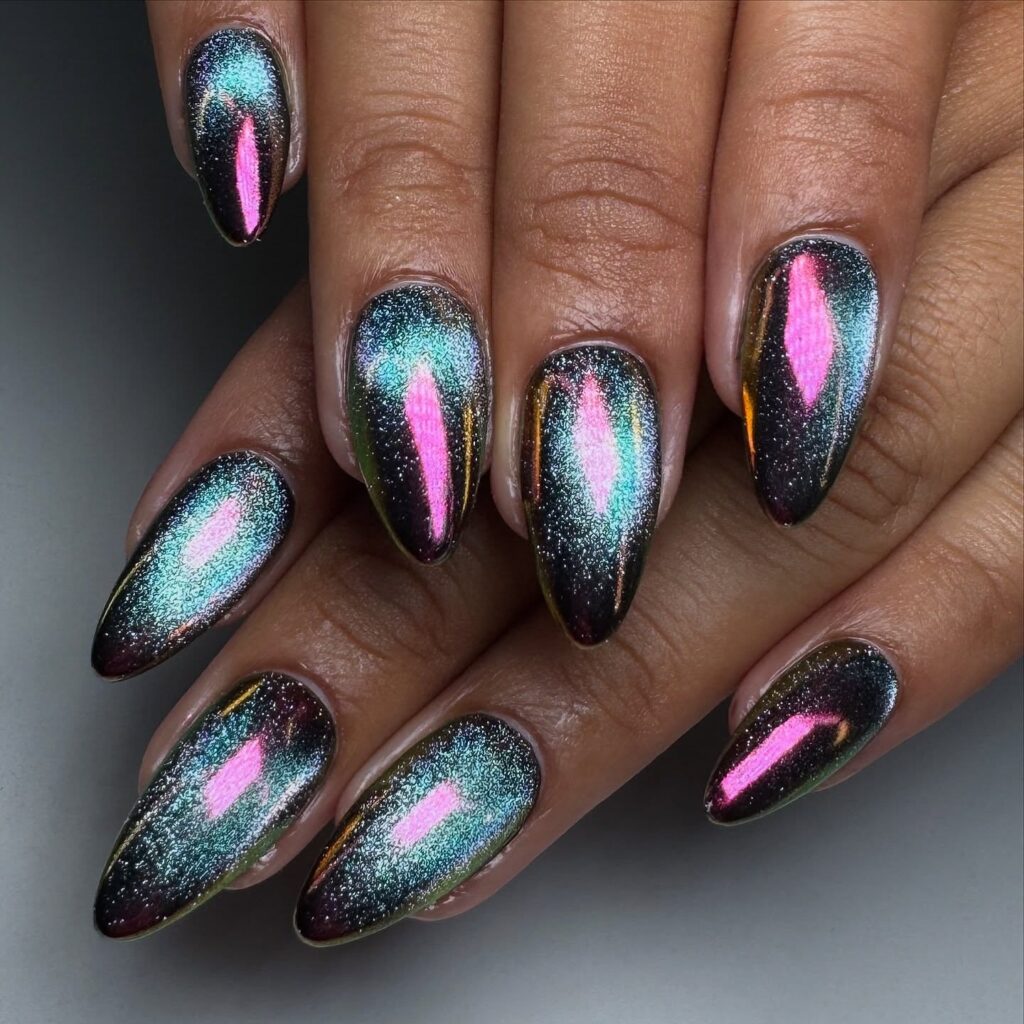 Holographic multi chrome cat eye manicure