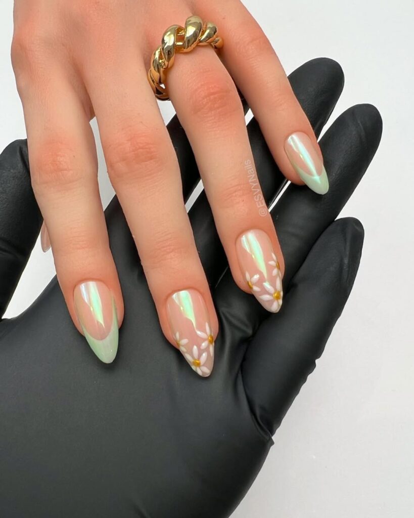 nails with mint chrome French tips and white daisy nail art