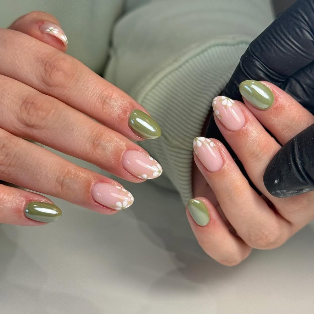 olive green chrome nails with sheer pink daisy French tips