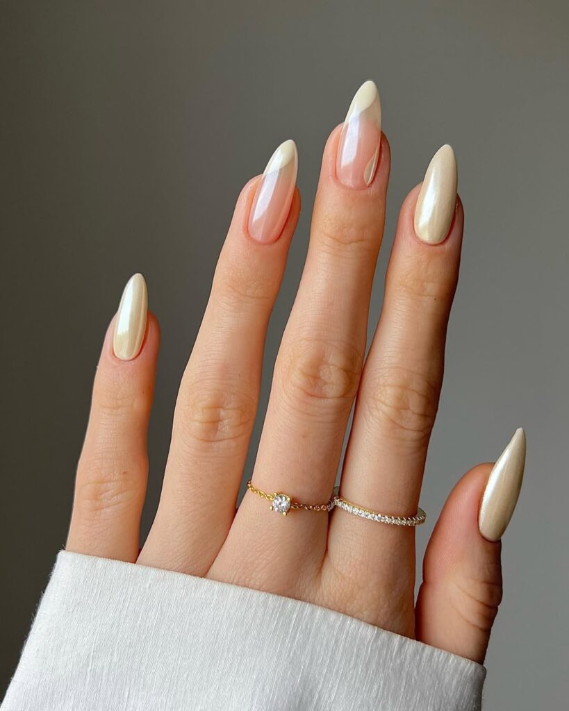French tips with full pearl chrome nails