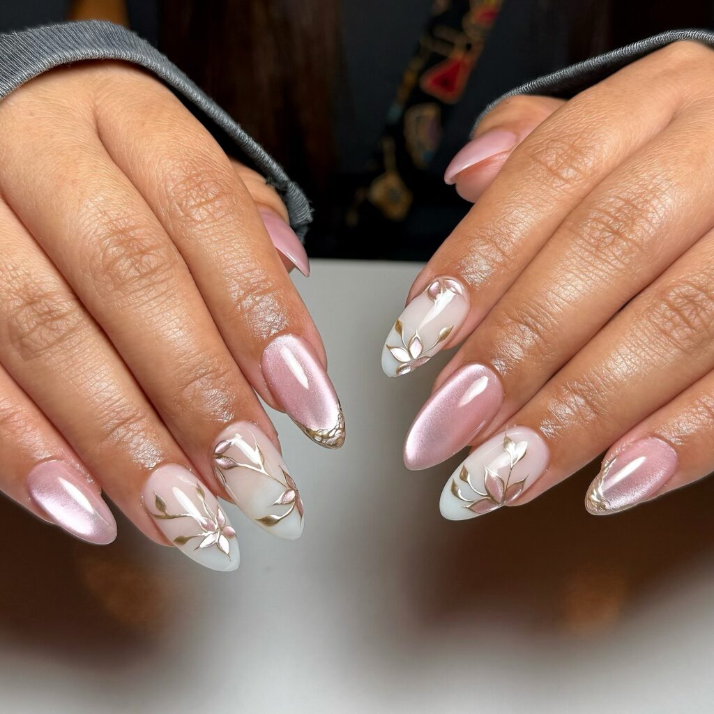 Pink magnetic nails with gold florals