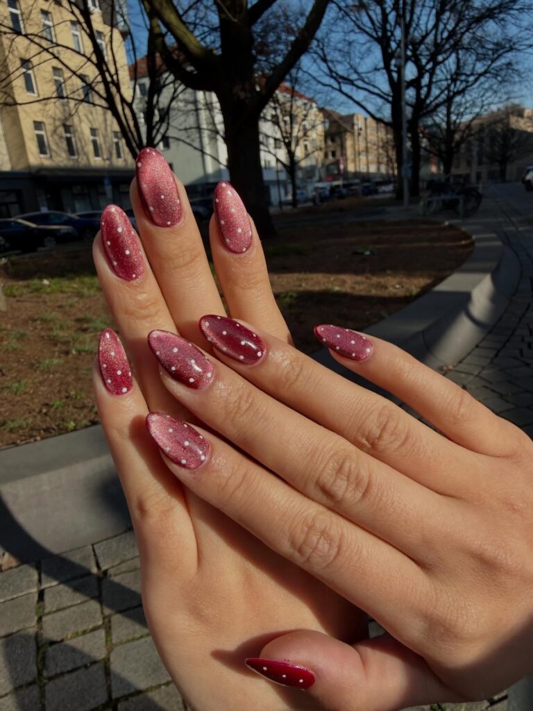 Raspberry red velvet nails with white polka dots