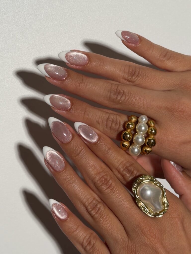 rose champagne velvet white French tip nails