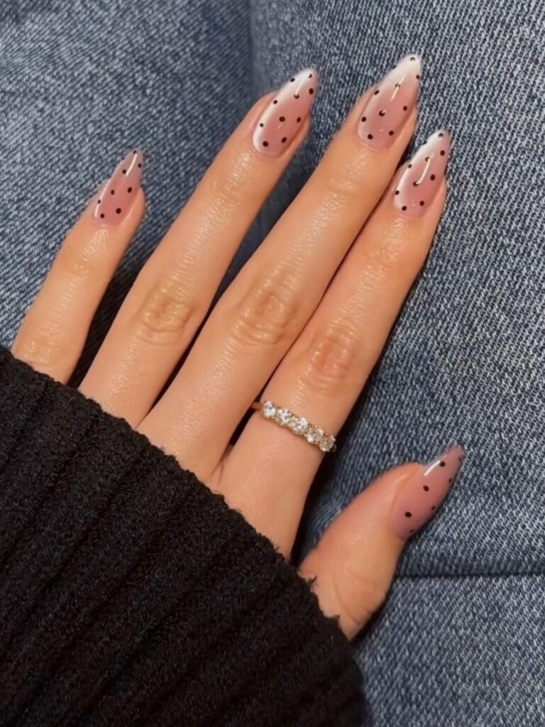 Rose velvet nails with black polka dots