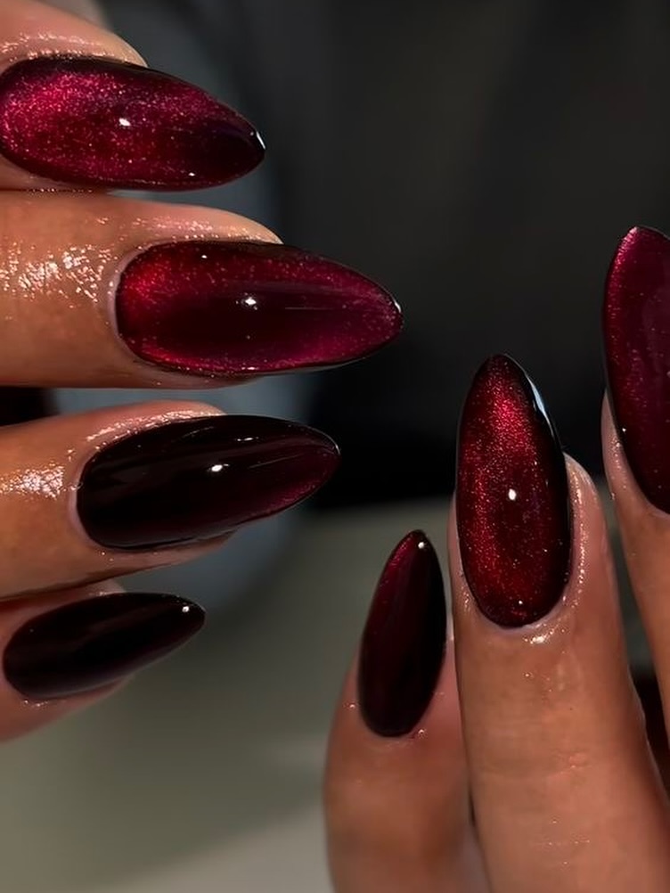 deep vampy burgundy wine magnetic nails