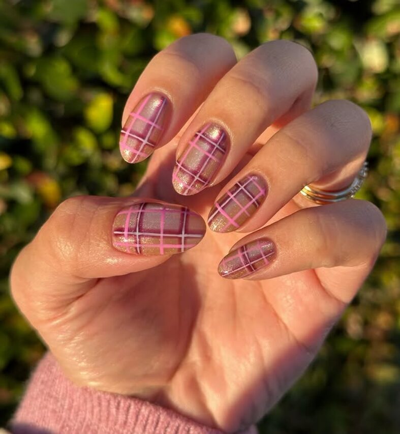 Shimmery cat-eye nails with pink plaid line detailing