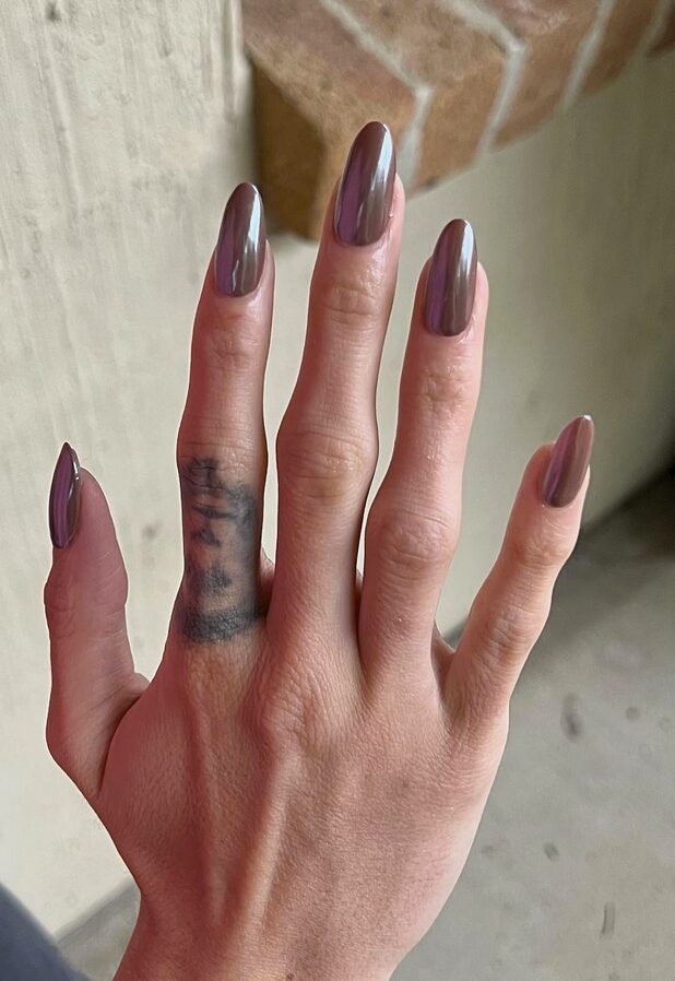 nails with a reflective chocolate-brown chrome finish