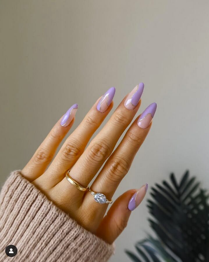 Lilac almond nails with nude color-block accents