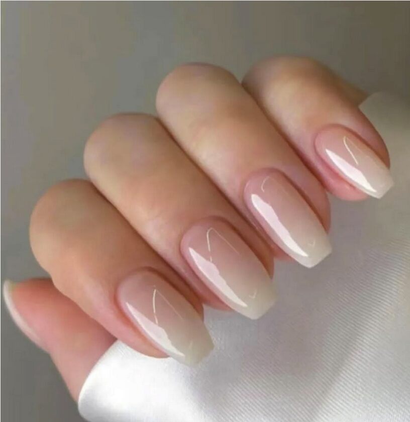 nails with a natural pink-to-white gradient on medium square tips
