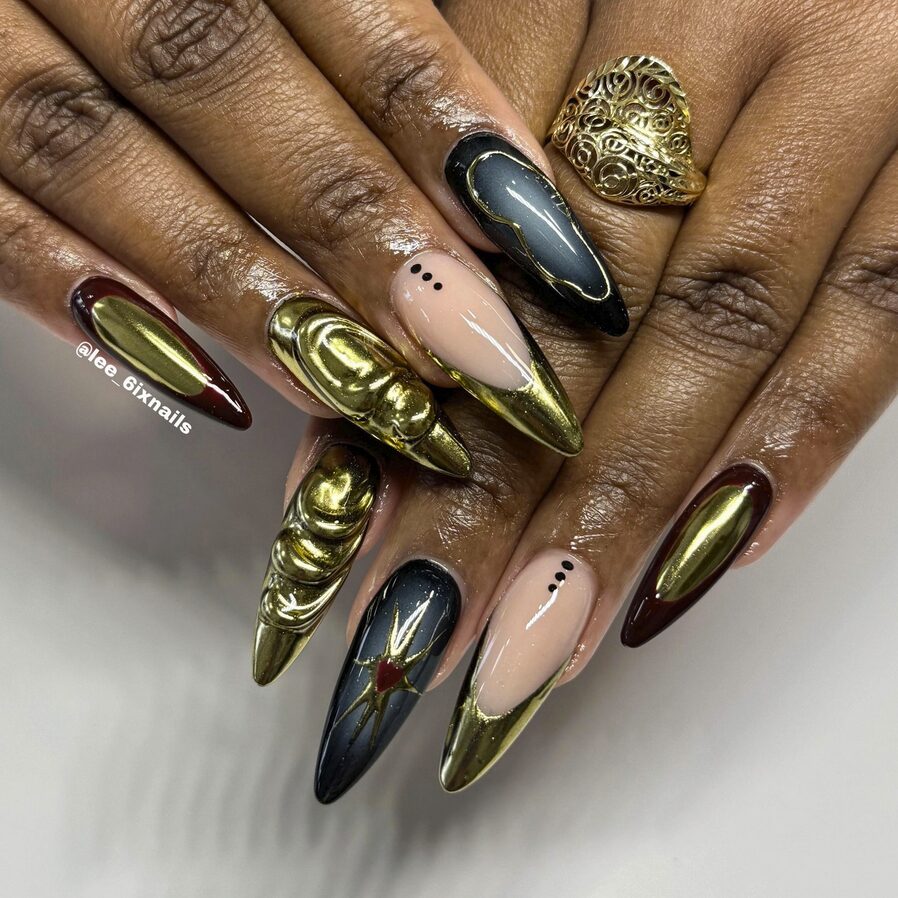 Glitter Drip Nail Design in gold and black