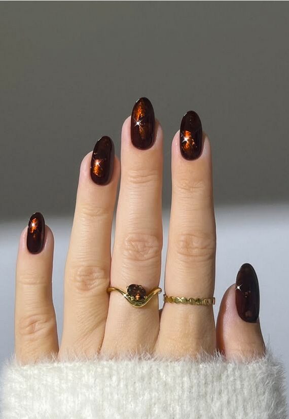 Dark glossy chocolate brown nails with amber shine effect