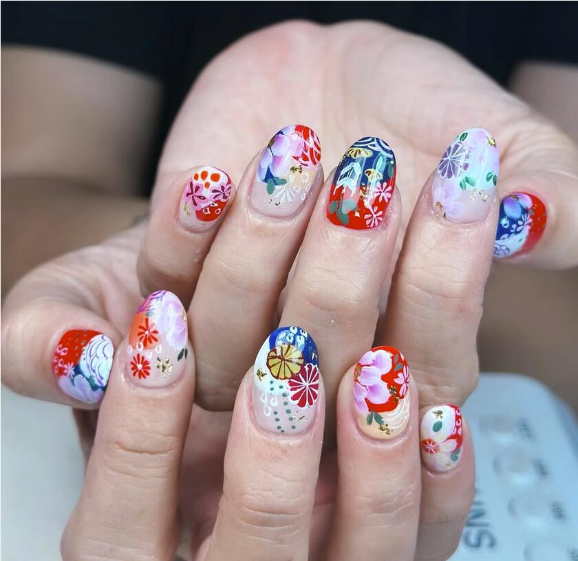 nails inspired by kimono patterns with detailed florals and traditional motifs