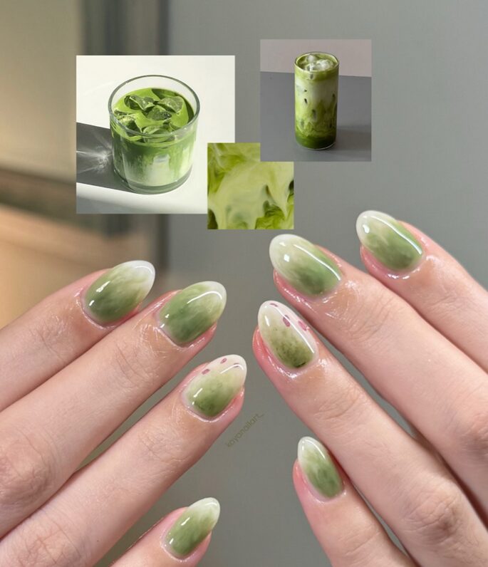 glossy green matcha-inspired gradient nails
