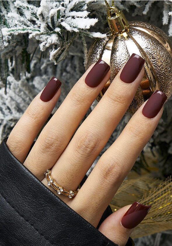 Matte cocoa brown nails with glossy chocolate French tips