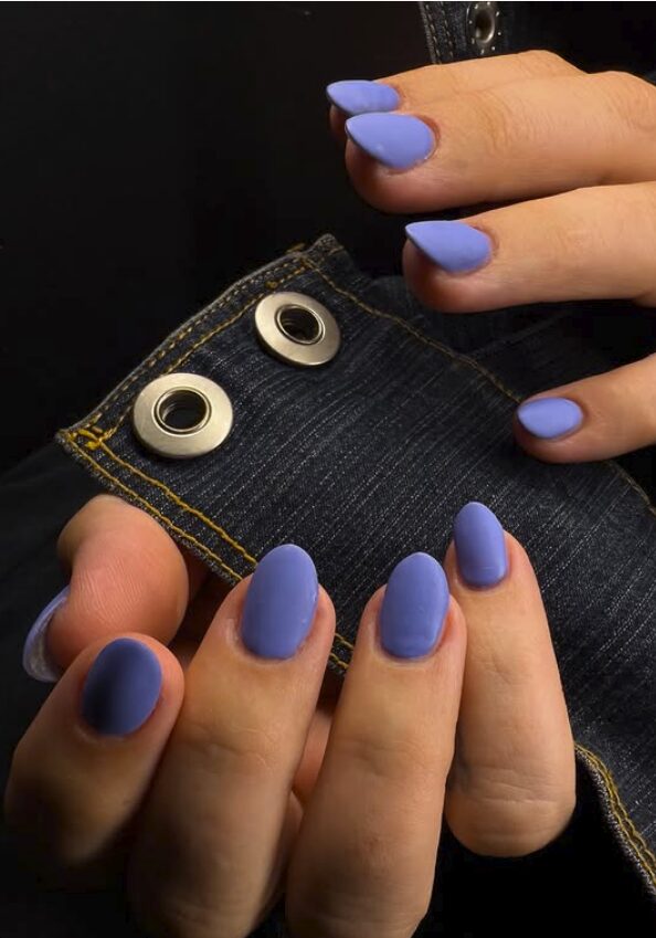 Matte periwinkle nails on short almond shapes